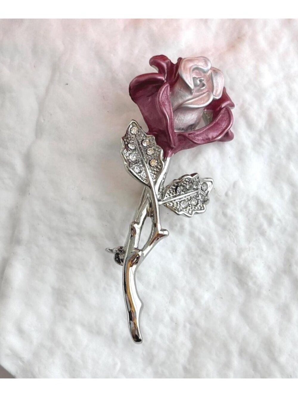 Purple & Pink Rosebud Floral Rhinestoned Silver T Vintage Costume Jewelry Brooch